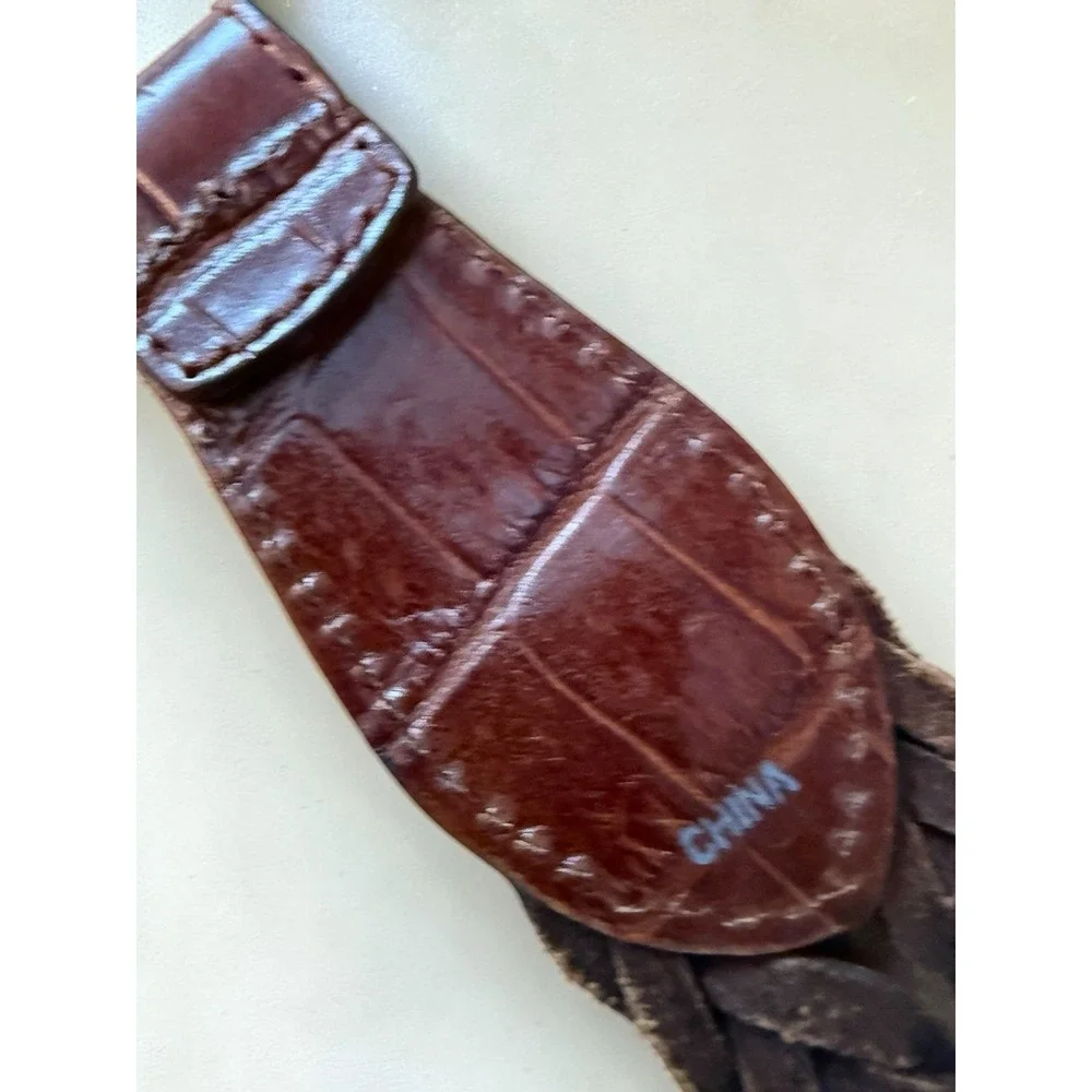Lands End Belt Vintage Double Strap Brown Leather Woven Silver Toggle Size 26